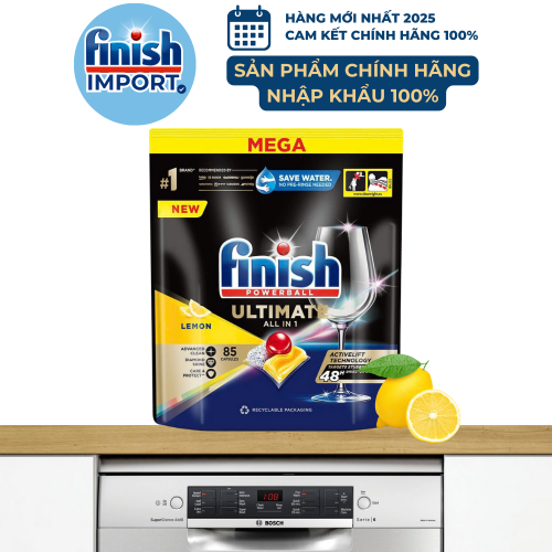 Túi 85 viên Finish Quantum Ultimate All in 1 2024 hương chanh, chuẩn châu Âu, siêu cao cấp, 16 tính năng/viên, dùng cho máy rửa chén 13-15 bộ